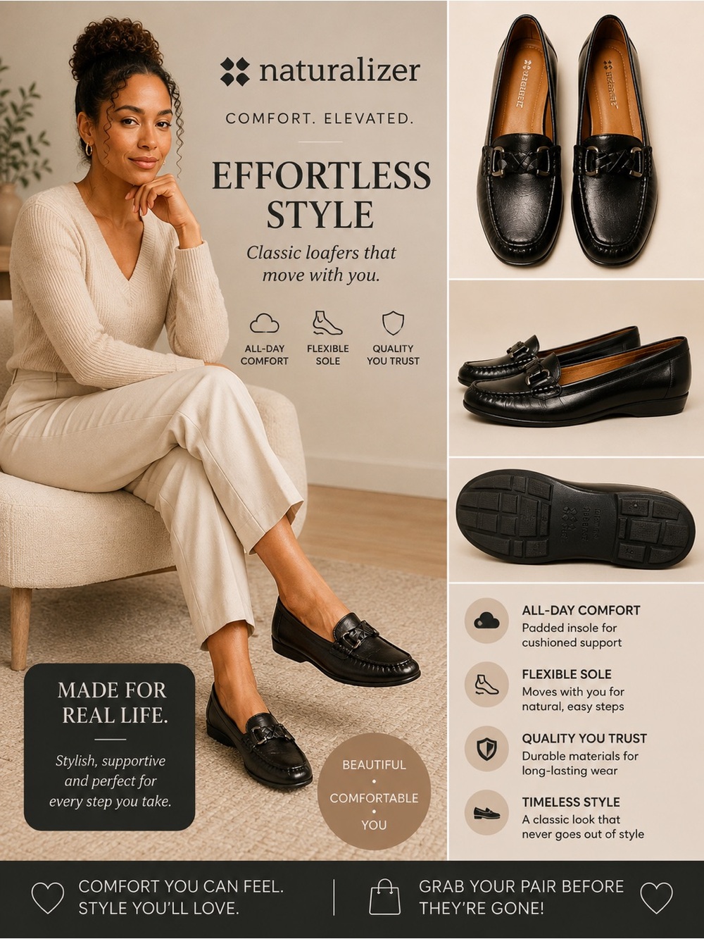Naturalizer Black Leather Penny Loafers with Bit Detail size 7